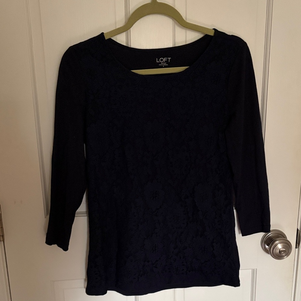 LOFT Women's Dark Blue Lace Long Sleeve Top - S